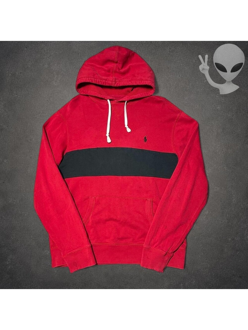 Polo Ralph Lauren Hoodie Mens US M Red Black Chest Stripe Pullover Fleece